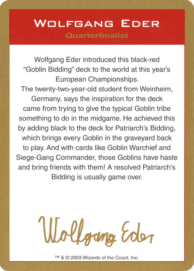 Wolfgang Eder Bio [World Championship Decks 2003] | Gaming Infinity