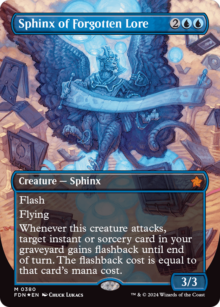 Sphinx of Forgotten Lore (Borderless) (Mana Foil) [Foundations] | Gaming Infinity