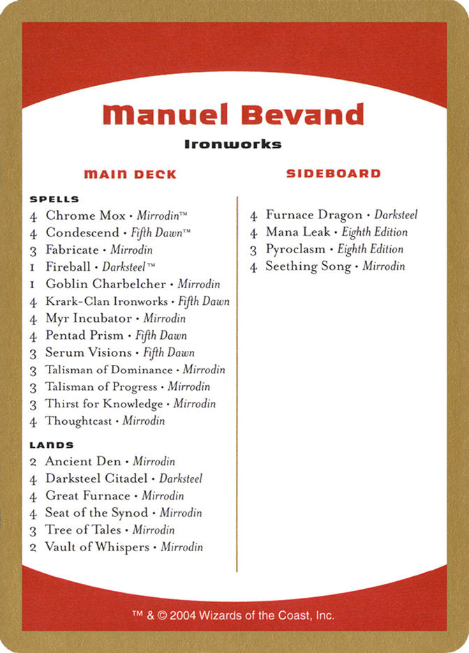 Manuel Bevand Decklist [World Championship Decks 2004] | Gaming Infinity