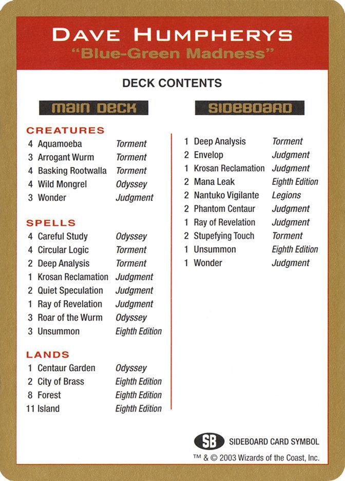 Dave Humpherys Decklist [World Championship Decks 2003] | Gaming Infinity