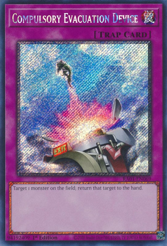 Compulsory Evacuation Device [RA01-EN069] Platinum Secret Rare | Gaming Infinity