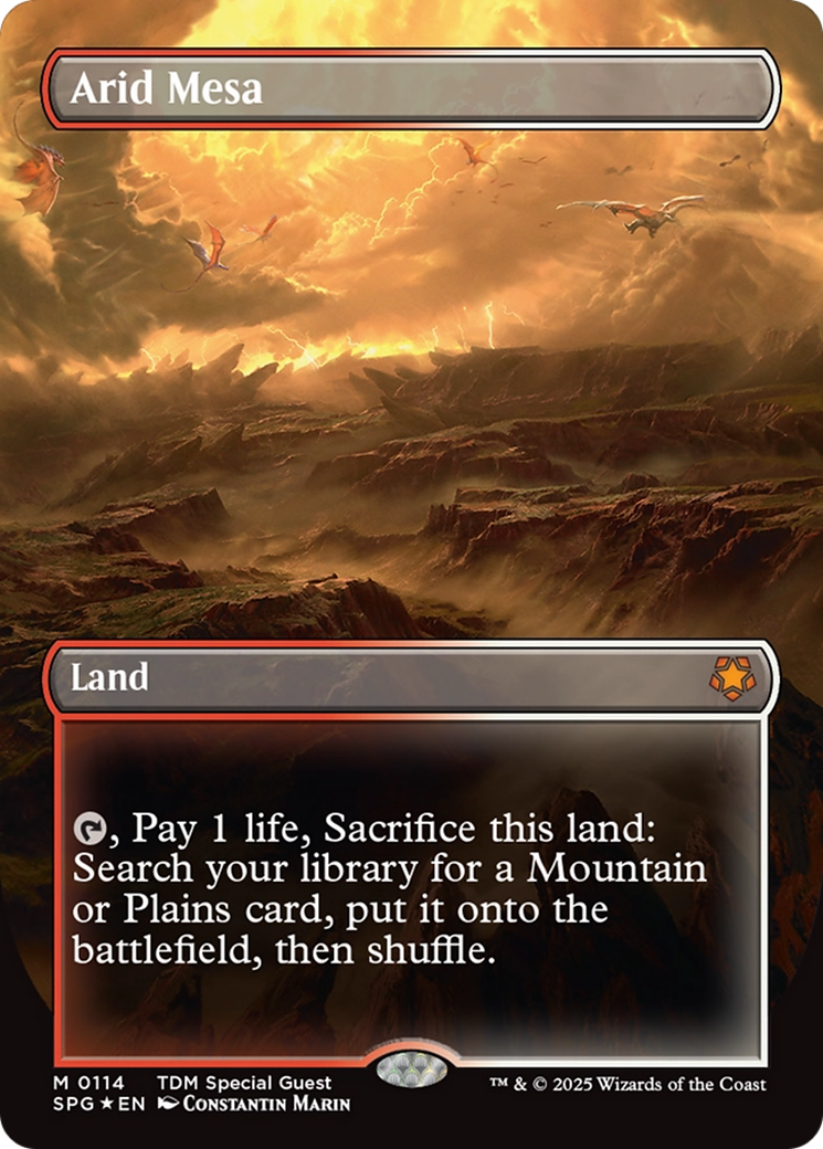 Arid Mesa (Borderless) (Dragonscale Foil) [Tarkir: Dragonstorm Special Guests] | Gaming Infinity