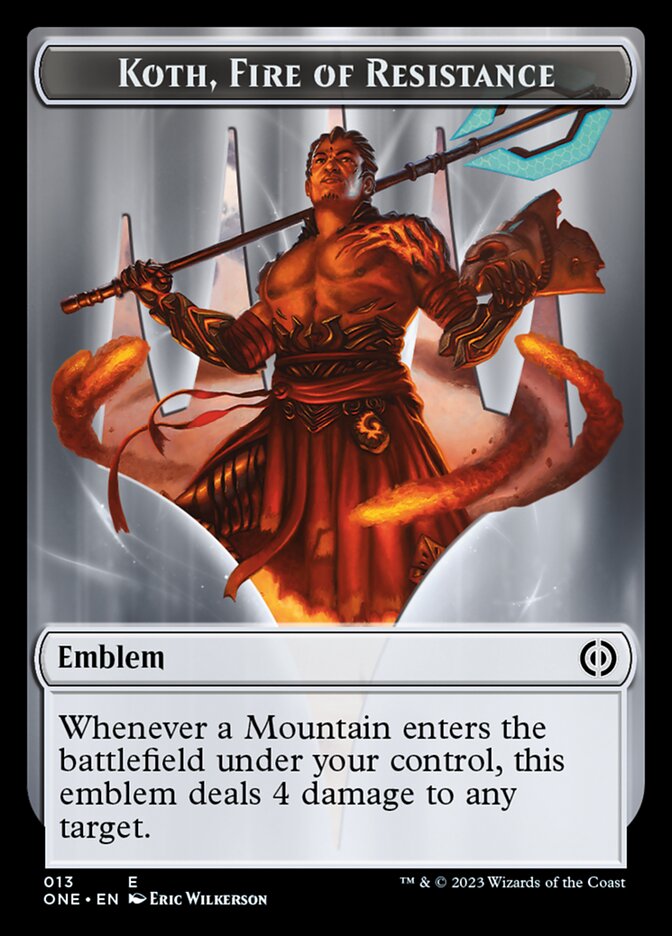 Rebel // Koth, Fire of Resistance Emblem Double-Sided Token [Phyrexia: All Will Be One Tokens] | Gaming Infinity
