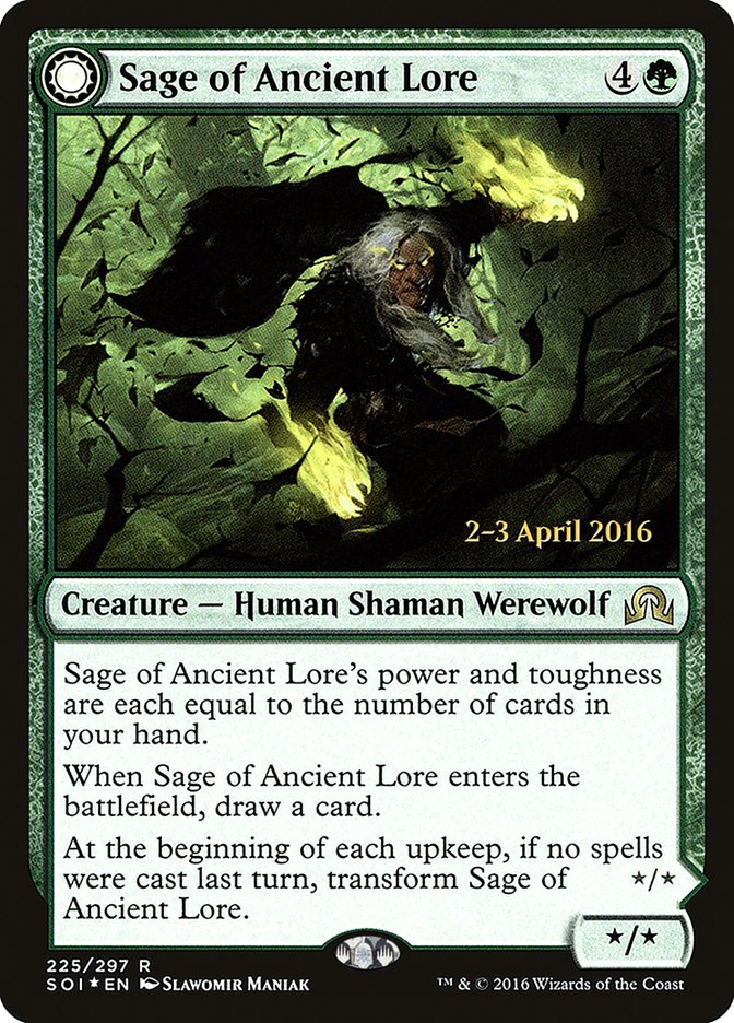 Sage of Ancient Lore // Werewolf of Ancient Hunger [Shadows over Innistrad Prerelease Promos] | Gaming Infinity