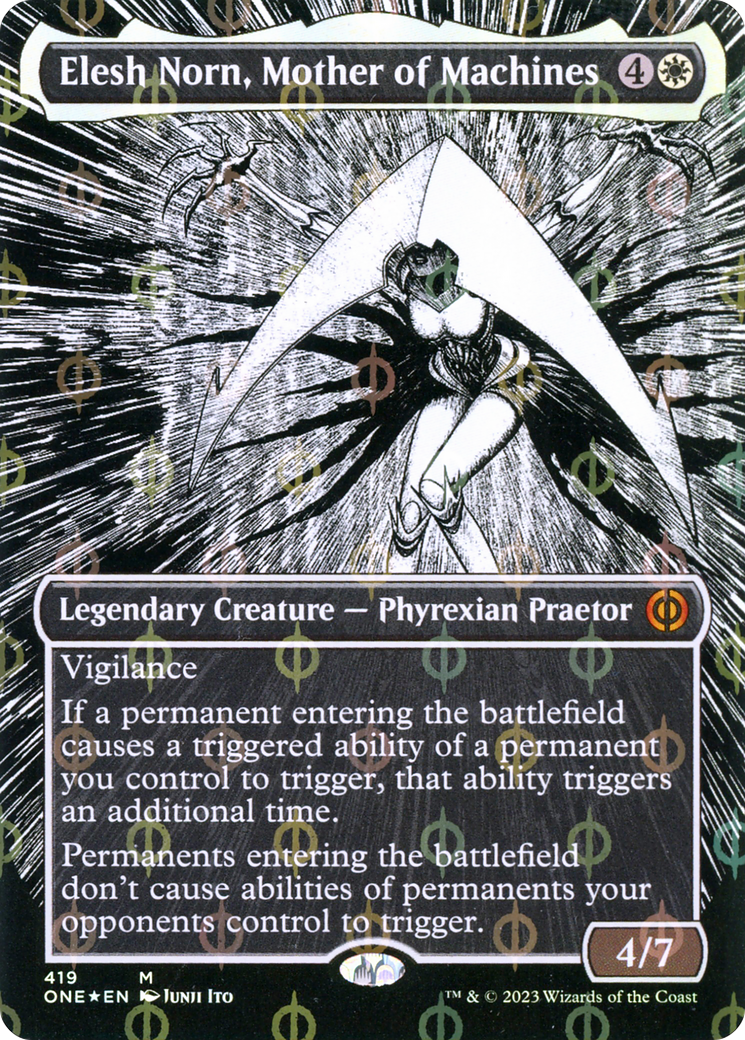 Elesh Norn, Mother of Machines (Borderless Manga Step-and-Compleat Foil) [Phyrexia: All Will Be One] | Gaming Infinity