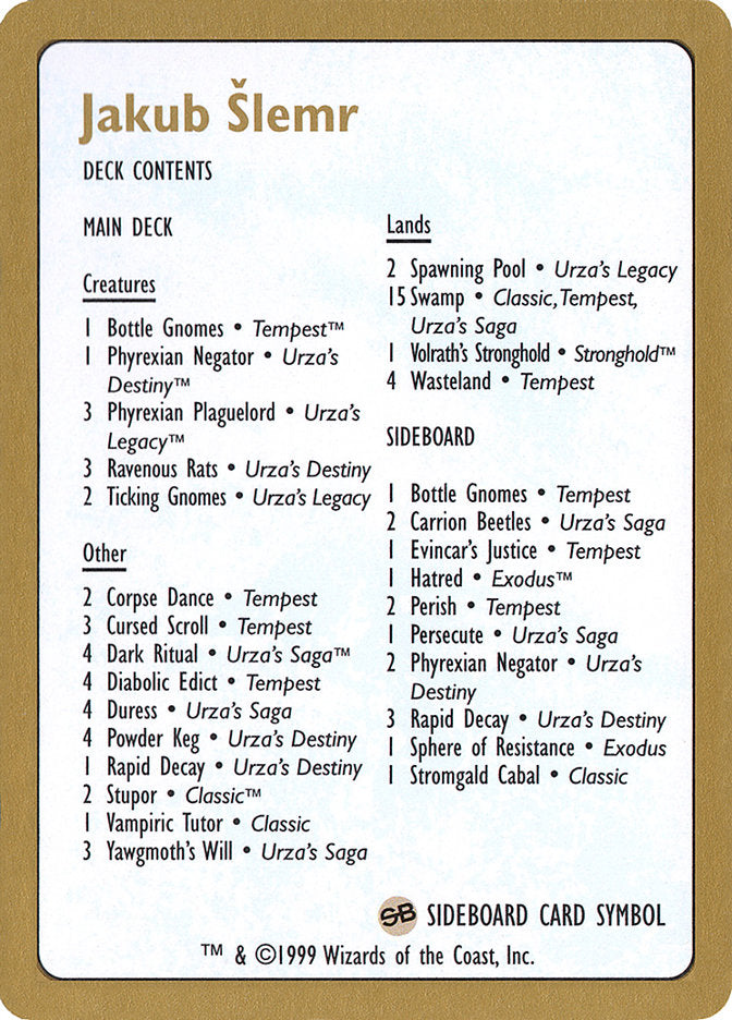 Jakub Šlemr Decklist [World Championship Decks 1999] | Gaming Infinity